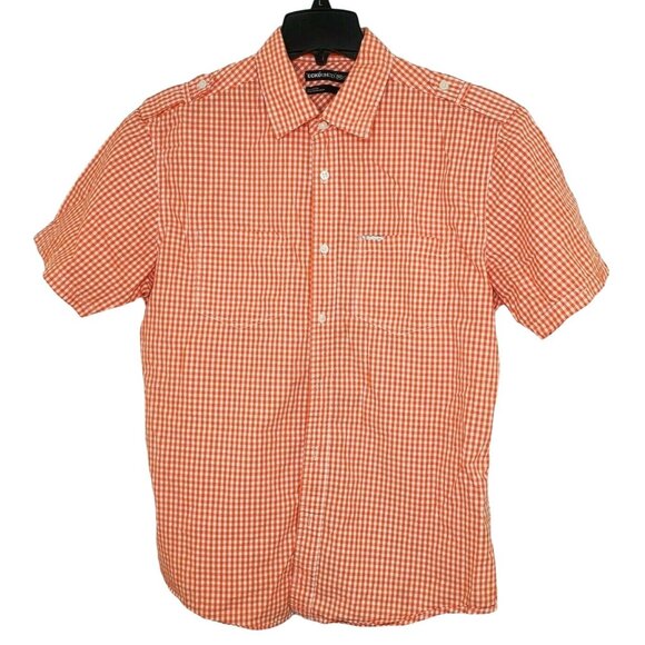 Ecko Unltd Orange White Checkered Men’s Casual Button-Up Short Sleeve Shirt - Picture 1 of 10